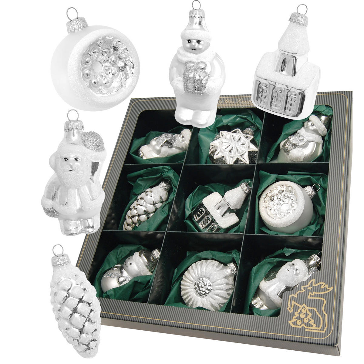 CHRISTBAUMSCHMUCK Formen- und Figuren-Sortiment Silberfarbig 9cm (Glas / 9 Stk.) - Silberfarben, Glas (6/9/5cm) - Krebs Glas Lauscha