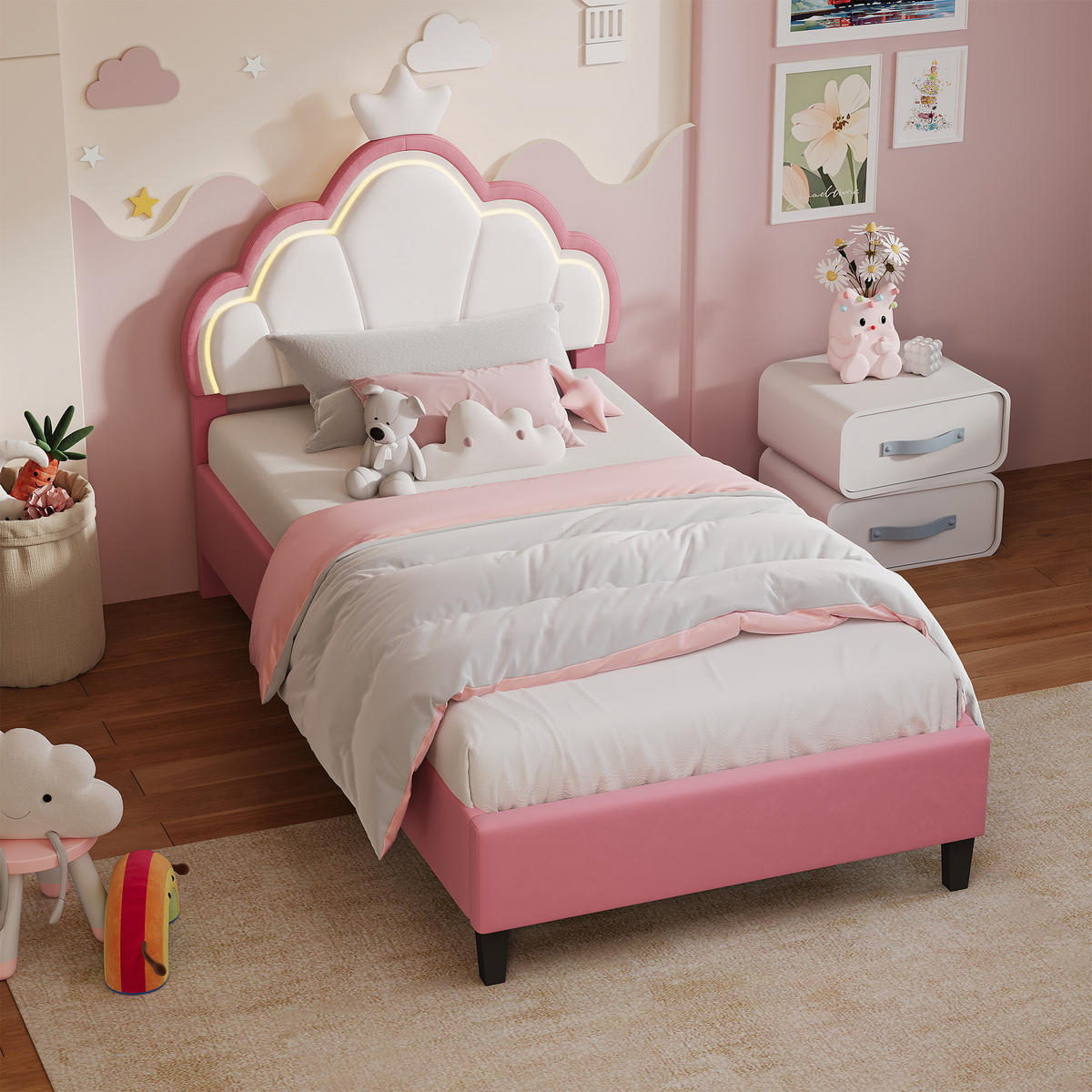 POLSTERBETT 90x190 cm mit höhenverstellbarem Kopfteil & RGB-LED – Kinderbett Bettgestell für Mädchen, Samt, Rosa - Pink, Holz/Metall (90/190cm) - BursDany