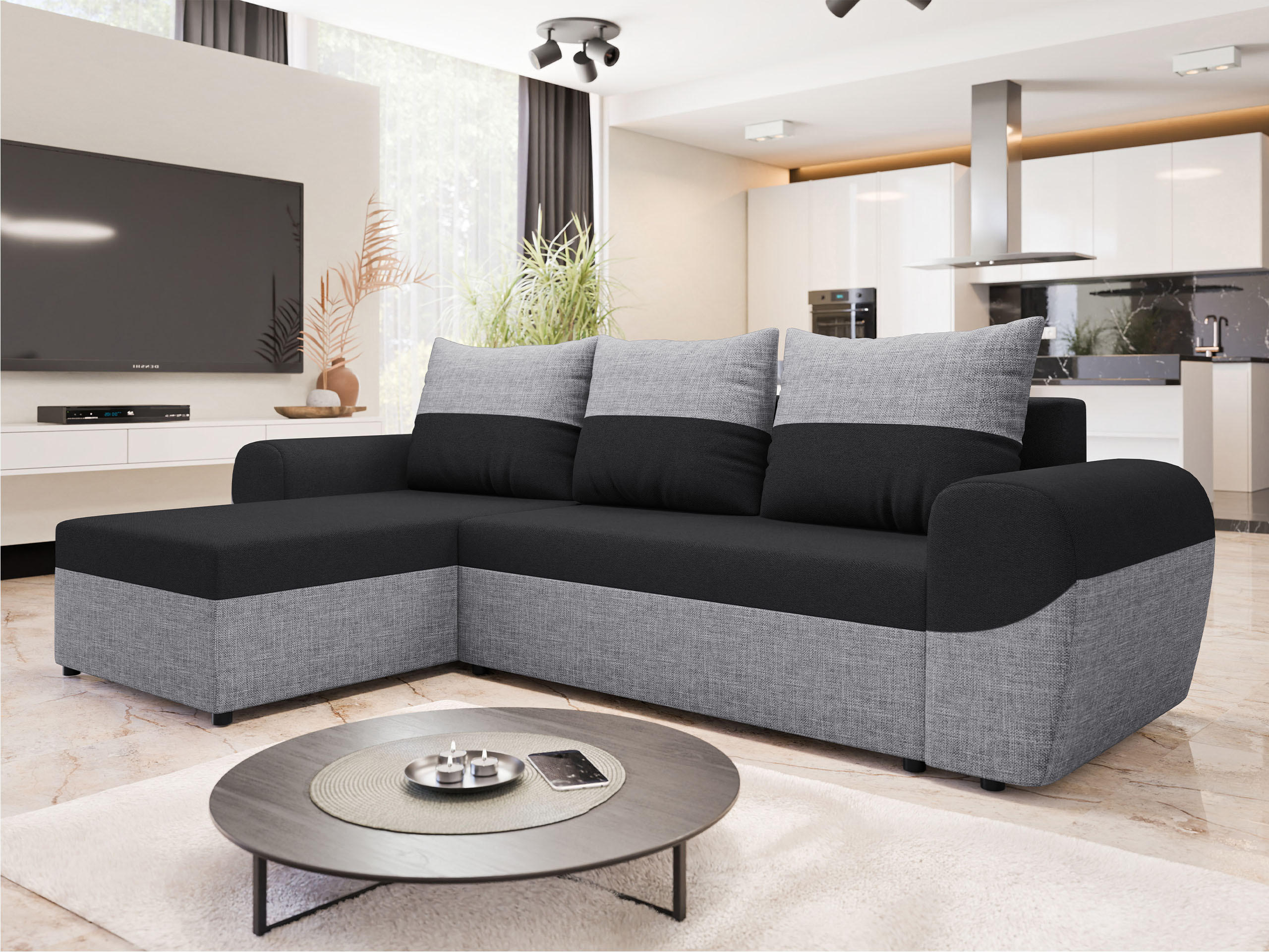 ECKSOFA Mader - Hellgrau/Schwarz, Holz/Kunststoff (260/140cm) - MIRJAN24