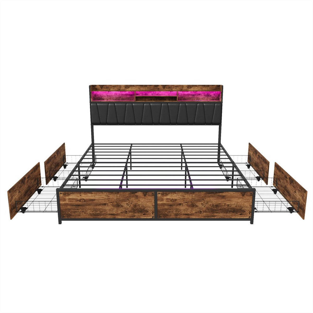 METALLBETT 180x200 cm mit 4 Schubladen - Kopfteil mit offenem Stauraum - LED Beleuchtung & integrierte Ladestation - Schwarz, Metall (180/200cm) - DELFA