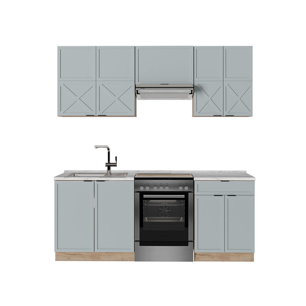 KÜCHENZEILE Fame-Line Hellblau-grau/Goldkraft Eiche 200 cm, AP Marmor - Honigeiche/Blaugrau, Holzwerkstoff (200/81.6/60cm) - Vicco