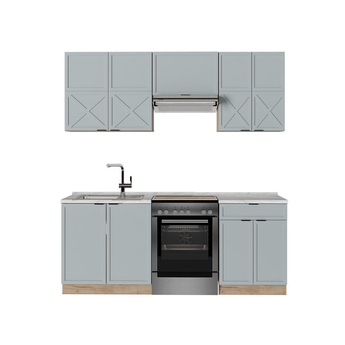 KÜCHENZEILE Fame-Line Hellblau-grau/Goldkraft Eiche 200 cm ohne AP - Honigeiche/Blaugrau, Holzwerkstoff (200/81.6/46cm) - Vicco