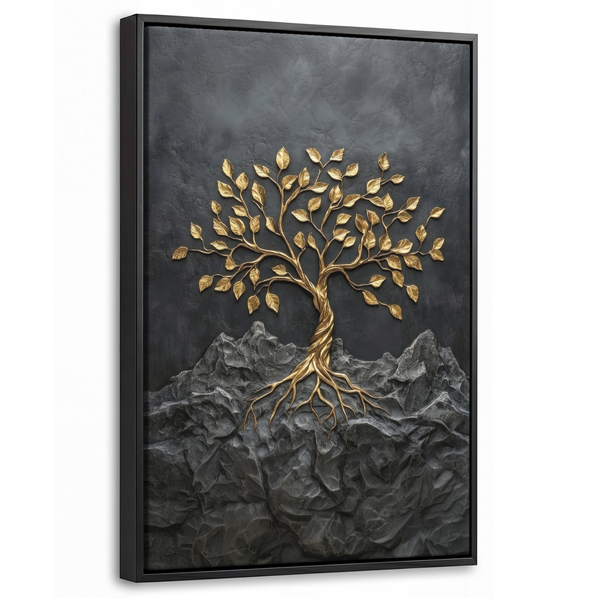 LEINWAND Bilder mit Rahmen - Blätter - Gold - Baum - Fels - 20x30 - Schwarz, Textil (20/30cm) - MuchoWow