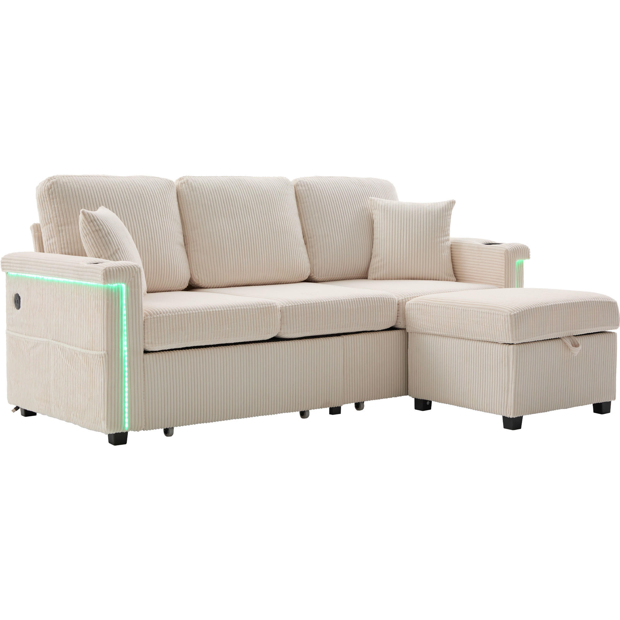 SOFA Corduroy mit LED und USB-Anschluss Stauraumschubladen auf Rollen 194/73/81 cm Beige - Beige, Textil (73/194cm) - Redom