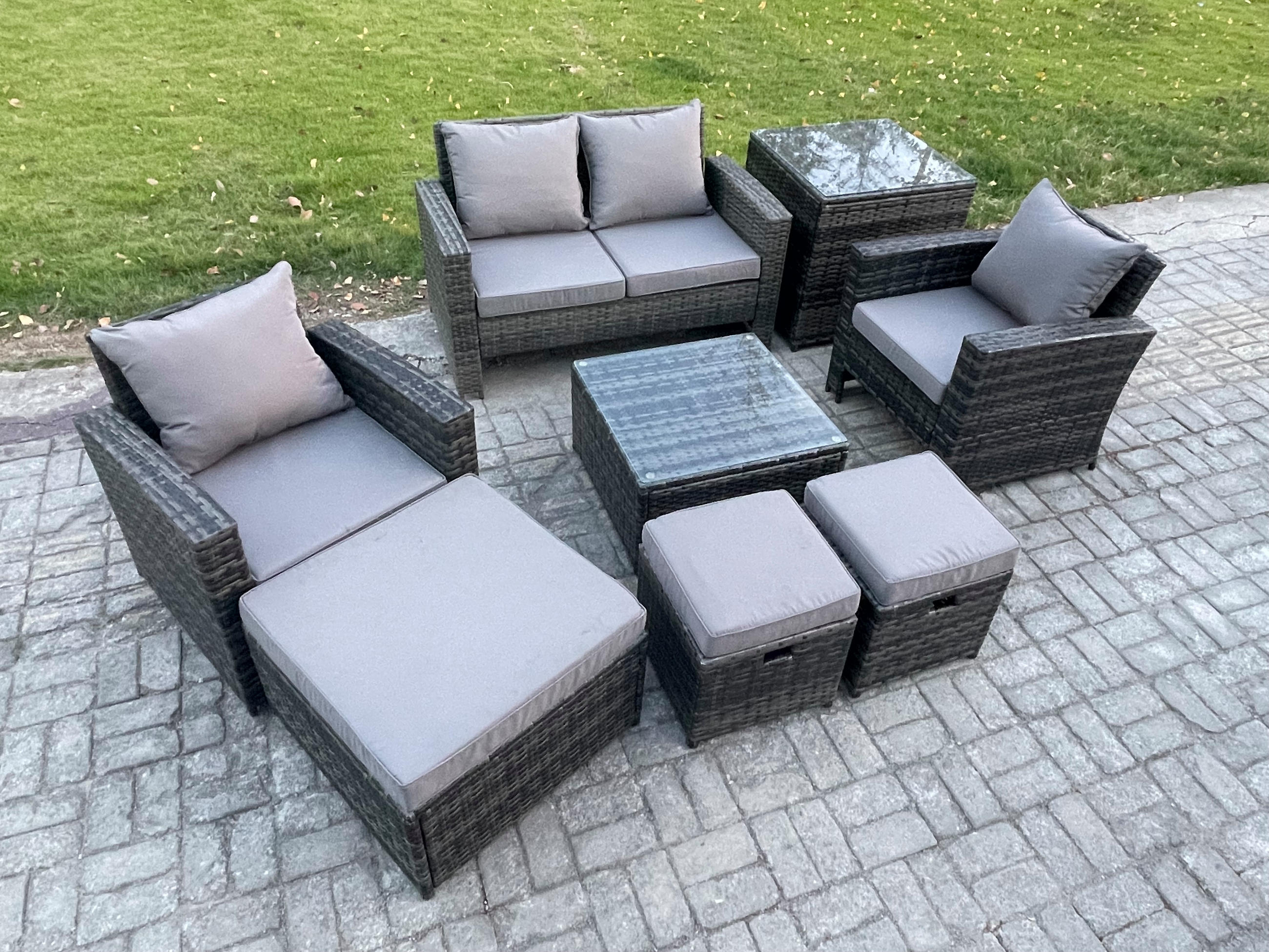 GARTENGARNITUR Polyrattan Dunkelgrau 7-Sitzer - Dunkelgrau, Metall - Fimous
