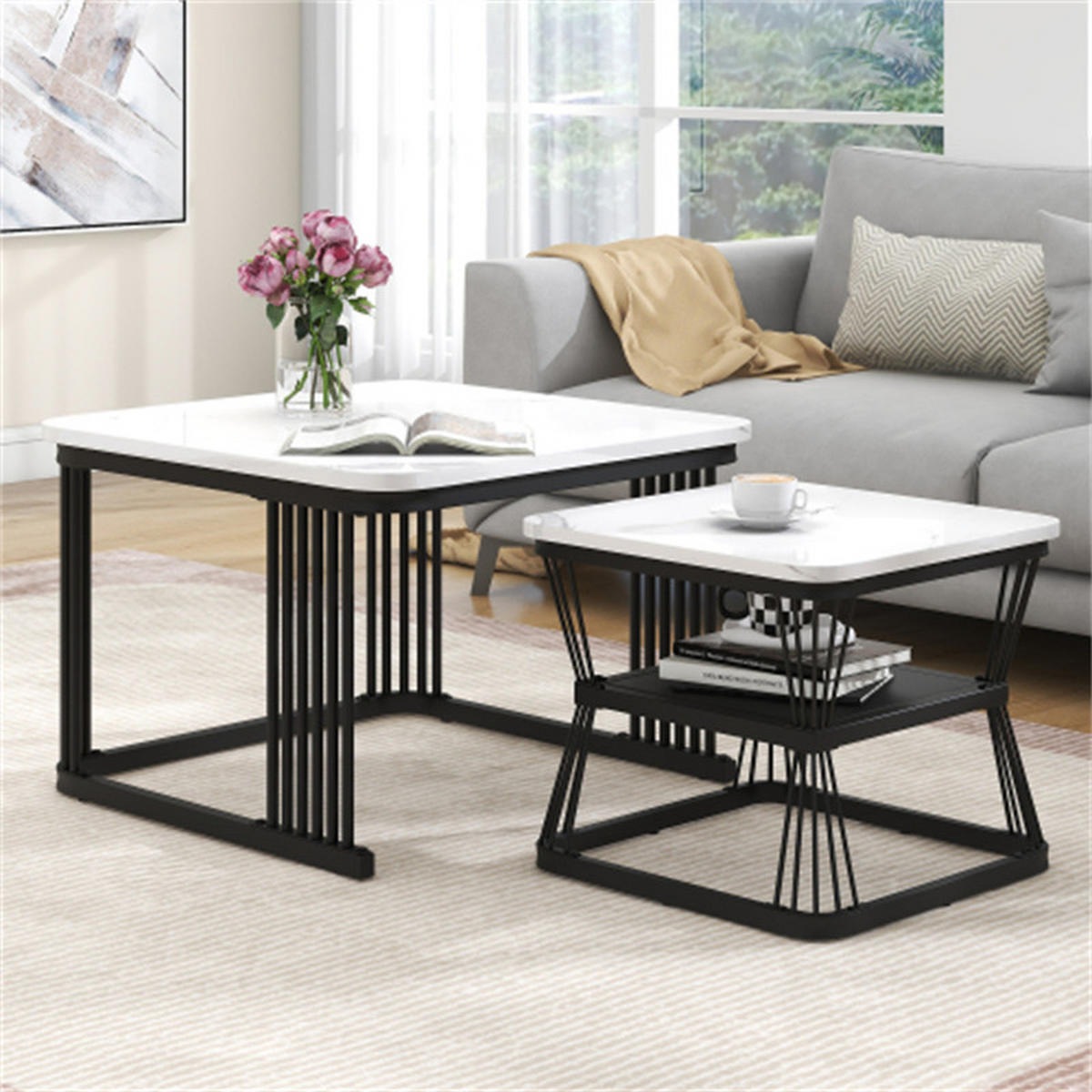 BEISTELLTISCH-SET 2-teilig Marmoroptik, schwarz/weiß, 65x65x45 cm - Weiß, Holzwerkstoff (65/65/45cm) - Blomus
