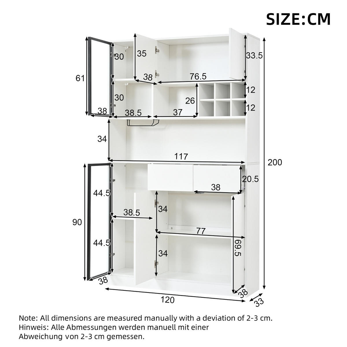 KÜCHENSCHRANK Vitrine weiß mit LED, 120/200/33 cm, Spanplatte und Glas, Weiß, MIT LED-BELEUCHTUNG, für Wohnbereich - Weiß, Holzwerkstoff (33/200/120cm) - Rolipo