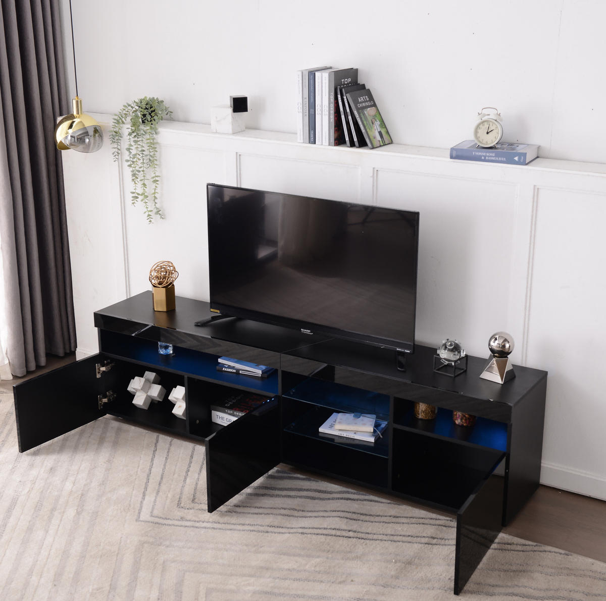 TV-LOWBOARD 180/35/48 cm mit 3 Türen und LED-Beleuchtung - Schwarz, Holzwerkstoff (180/48/35cm) - BEAOK