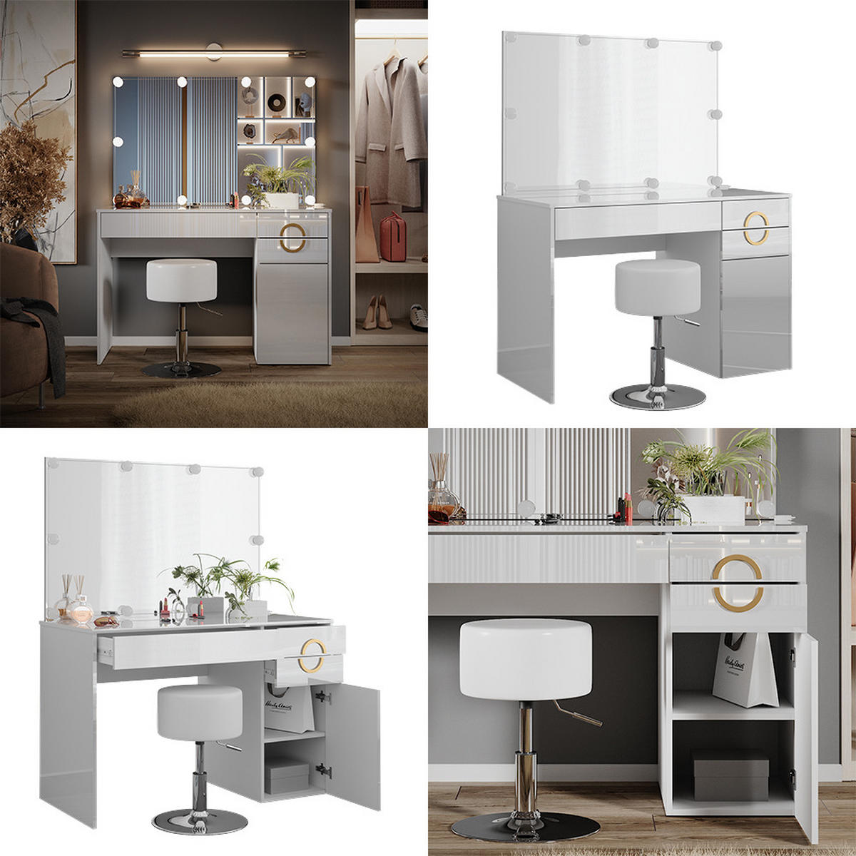 SCHMINKTISCH Adela Weiß 115 cm mit LED Beleuchtung und Hocker - Weiß, Holzwerkstoff (115/76.4/55cm) - Vicco