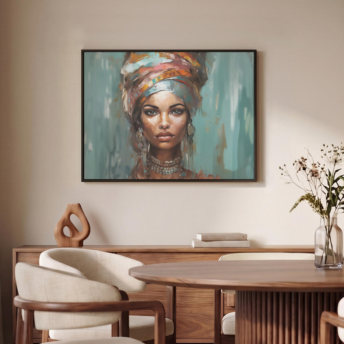 LEINWAND Bilder mit Rahmen - Frau - Kunst - Schmuck - Porträt - 70x50 - Blaugrau, Textil (70/50cm) - MuchoWow