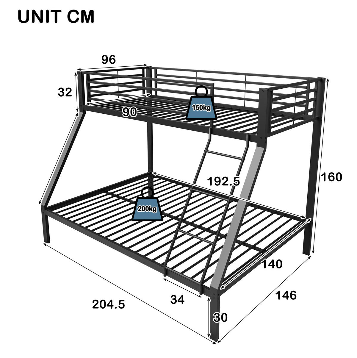 ETAGENBETT aus Metall 90/140x200 cm Schwarz mit beidseitig montierbarer Leiter - Schwarz, Metall (140/200cm) - Modfu