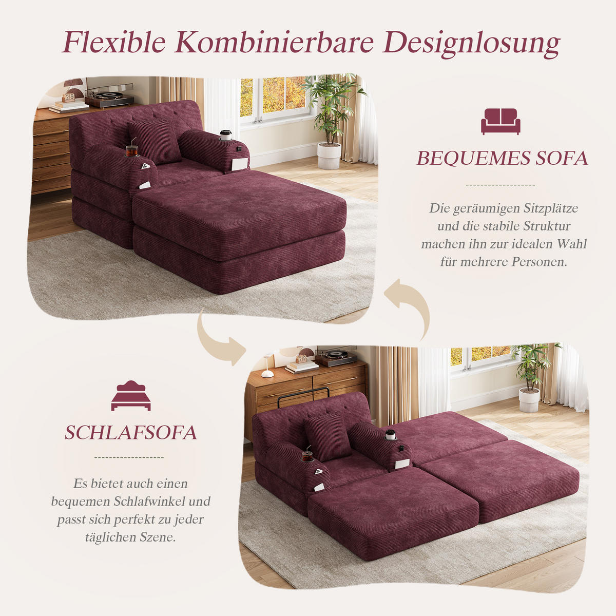 SCHLAFSOFA mit Hocker, Liegefunktion, Getränkehaltern und Seitentaschen in Weinrot aus Cord - Weinrot, Textil (191/60/162cm) - EVRYAE