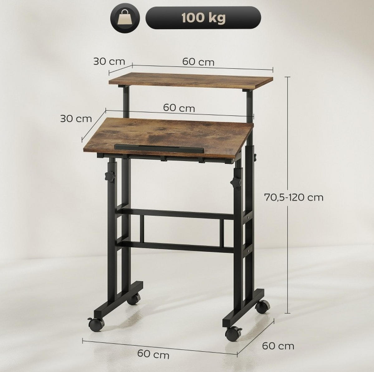 SCHREIBTISCH höhenverstellbar 60 x 60 cm Holz Metall Rustic Brown - Braun, Holz (60/60/120cm) - Meubliv
