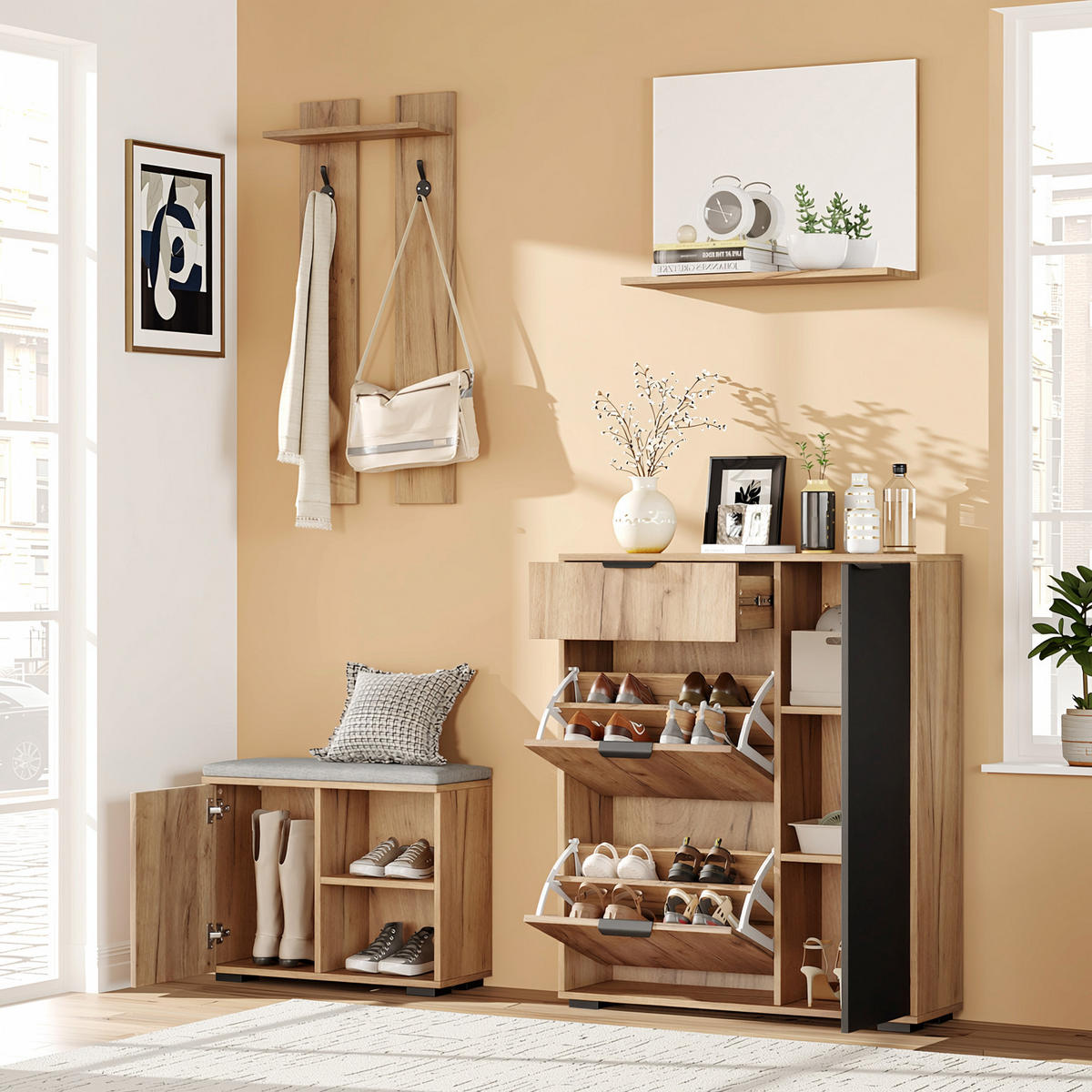 GARDEROBEN-SET 140 cm Natur & Schwarz – Flurmöbel mit Spiegel, Schuhbank & 4 Türen Modern - Naturfarben, Holzwerkstoff (140/139/35cm) - Urban Meuble