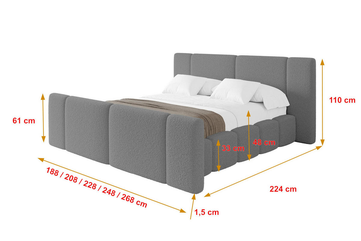 POLSTERBETT mit Bettkasten, Fußteil und Lattenrost, Boxbett ohne Matratze - NILO-Z 160x200 Grau - Grau, Holzwerkstoff/Textil (160/200cm) - ALTDECOR