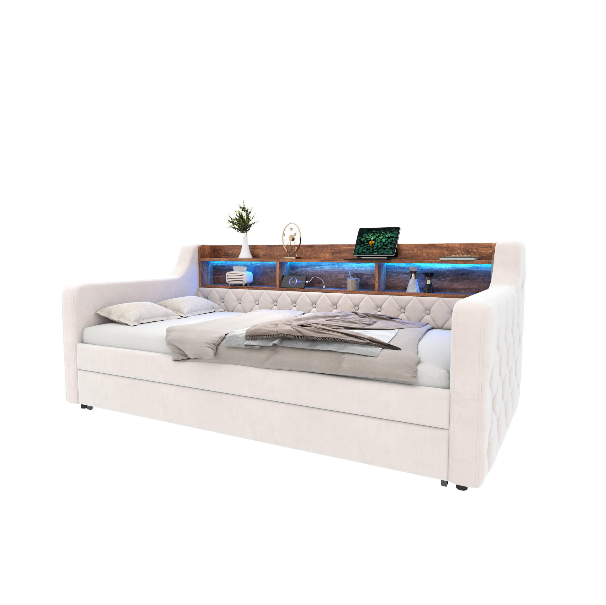 Modfu ROZKLÁDACÍ postel z sametu 90x190 cm béžová s LED osvětlením, USB-C a úložným regálem