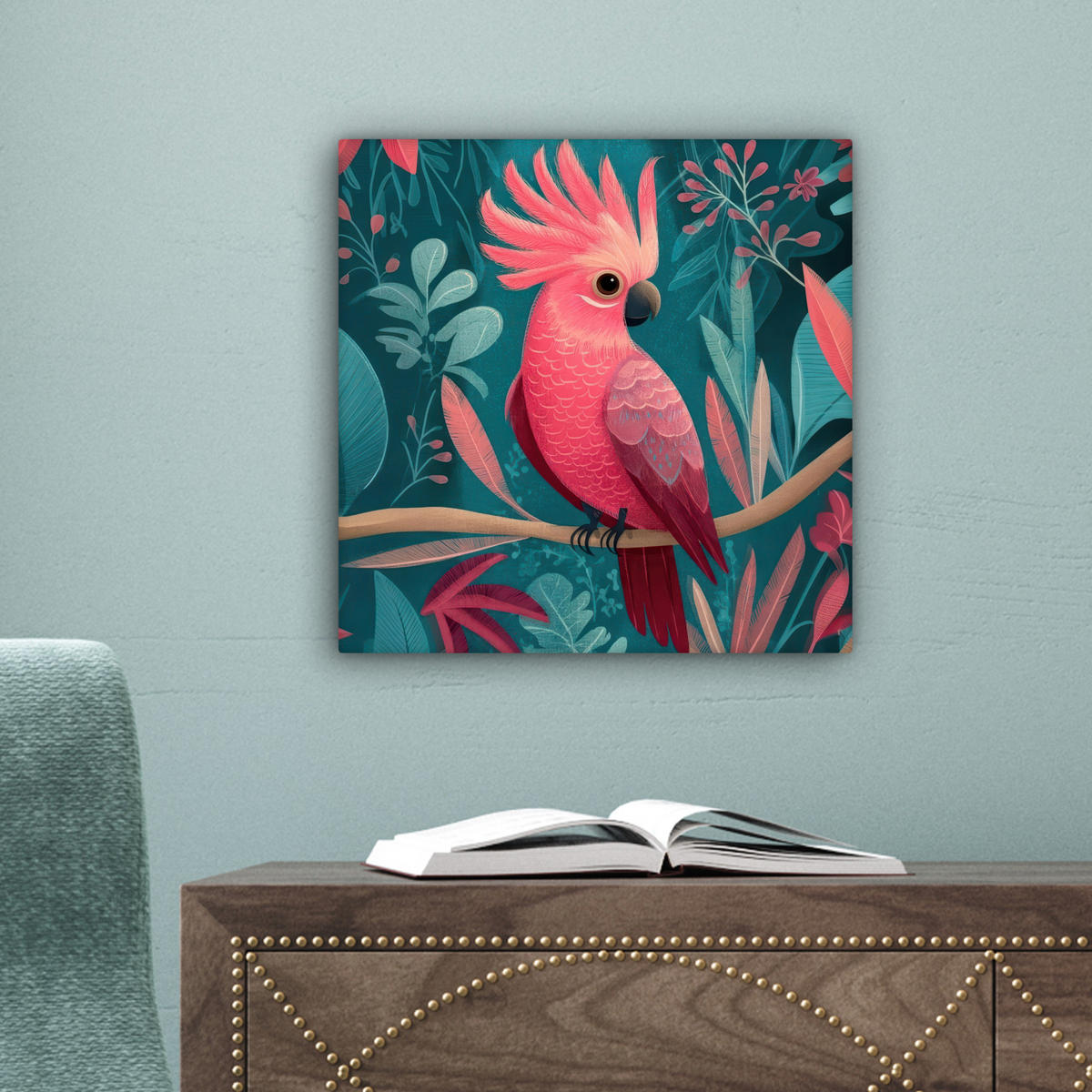 LEINWANDBILD Kakadu - Tropische Blätter - Zweig Deko Wohnzimmer 20x20 cm - Petrol, Textil (20/20cm) - MuchoWow