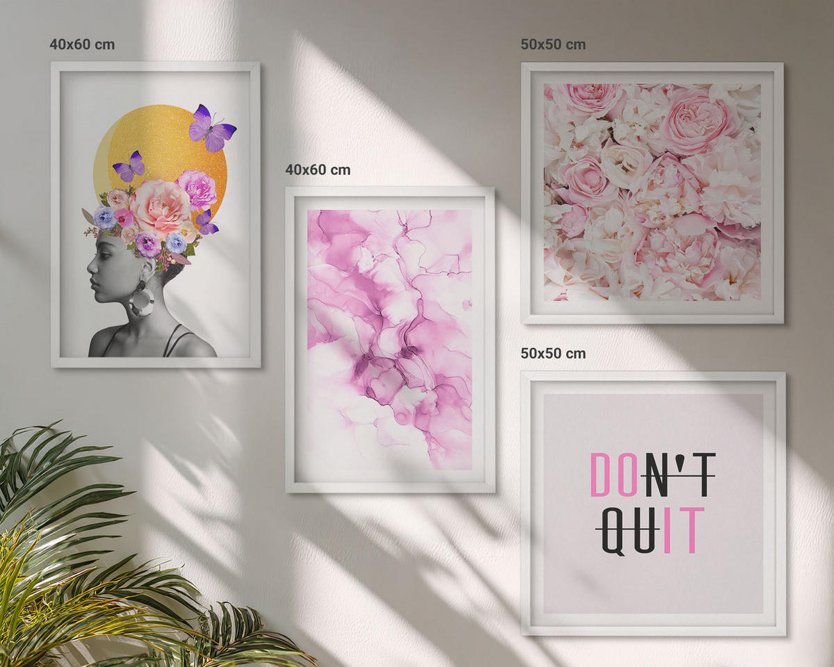 WANDBILDER 4er-Set - 50x50 cm & 40x60 cm Weißer Rahmen - Abstraktes Blumenporträt einer Frau - Weiß, Kunststoff (50/50cm) - ArtPrintCave