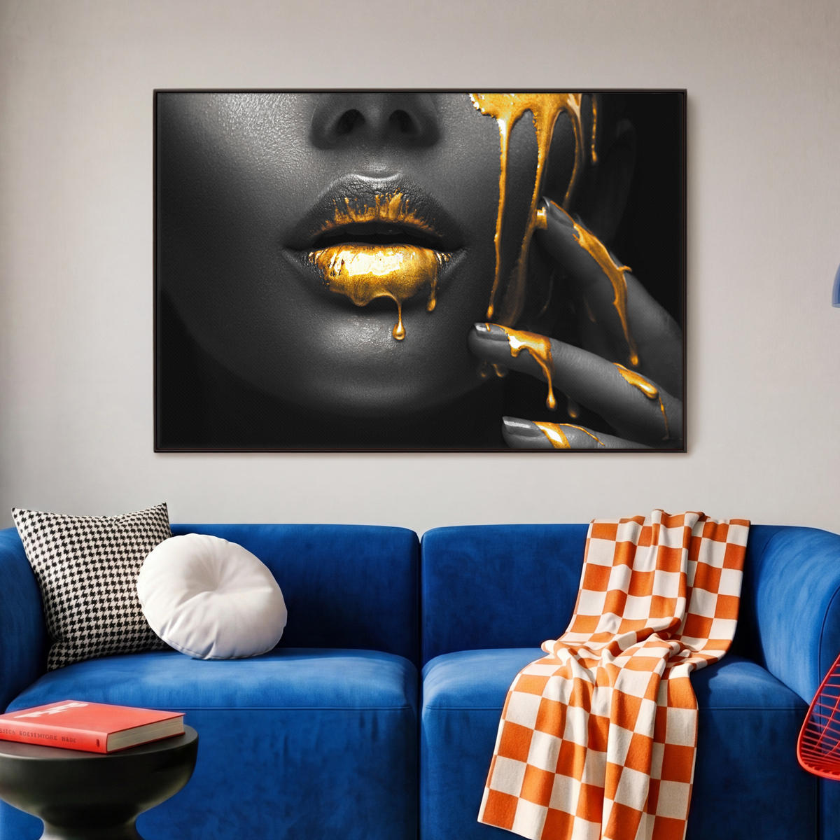 LEINWAND Bilder mit Rahmen - Frau - Schwarz - Gold - Gesicht - Lippen - 90x60 - Goldfarben, Textil (90/60cm) - MuchoWow