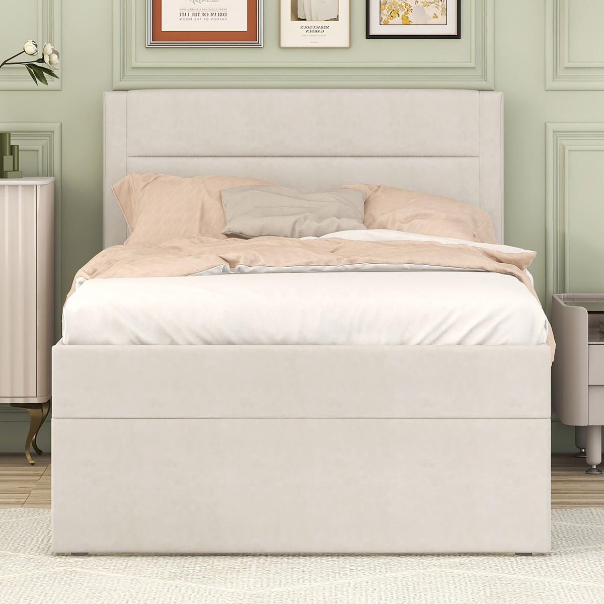 POLSTERBETT 90/200 cm mit Metall-Lattenrost und Stauraum, Beige - Beige, Holzwerkstoff (90/200cm) - Redom