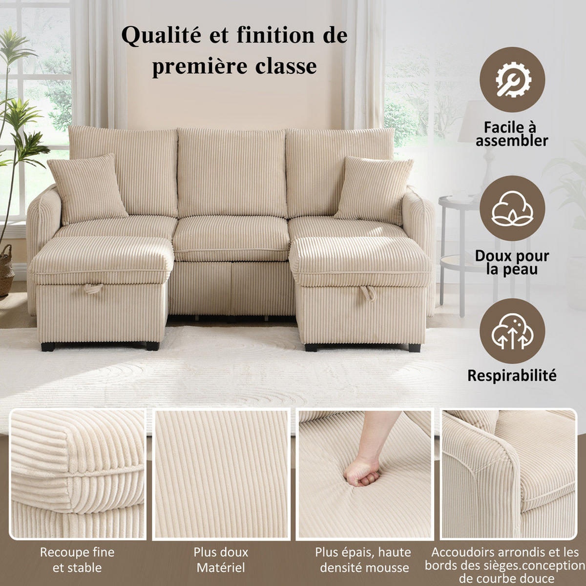 ECKSET U-Form 3-Sitzer Cord Modular Mit Schlaffunktion - Beige, Holz (88/34/57cm) - FLIEKS