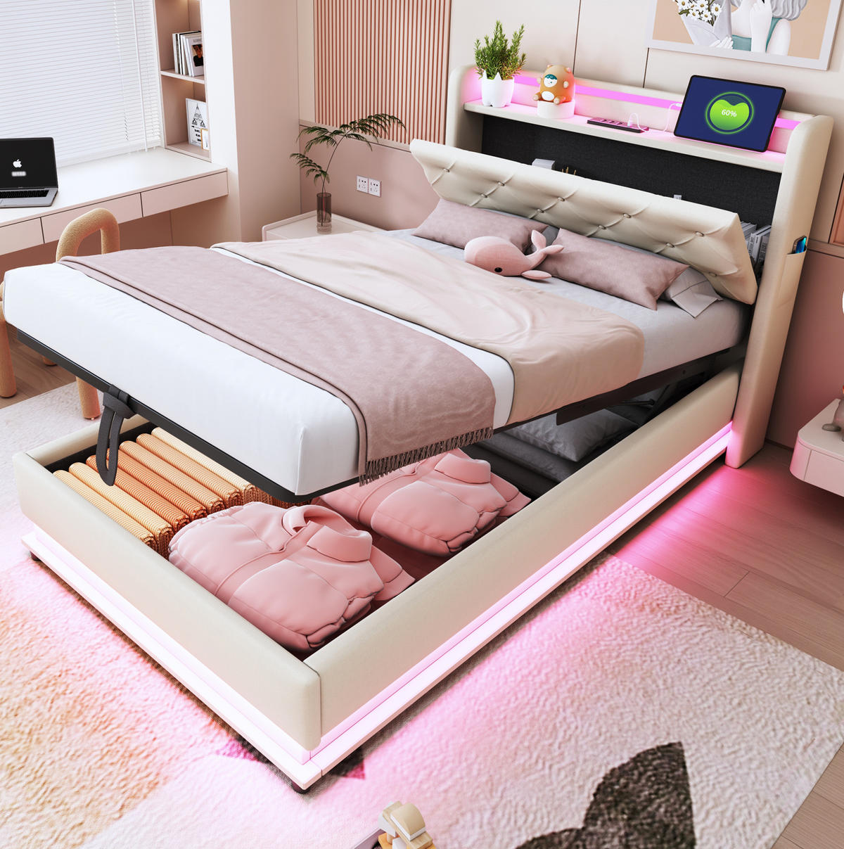 DETSKÁ posteľ 216,5/97/108 cm béžová s LED osvetlením, USB a úložným priestorom z ľanovej tkaniny - béžová, textil (90/200cm) - OKWISH
