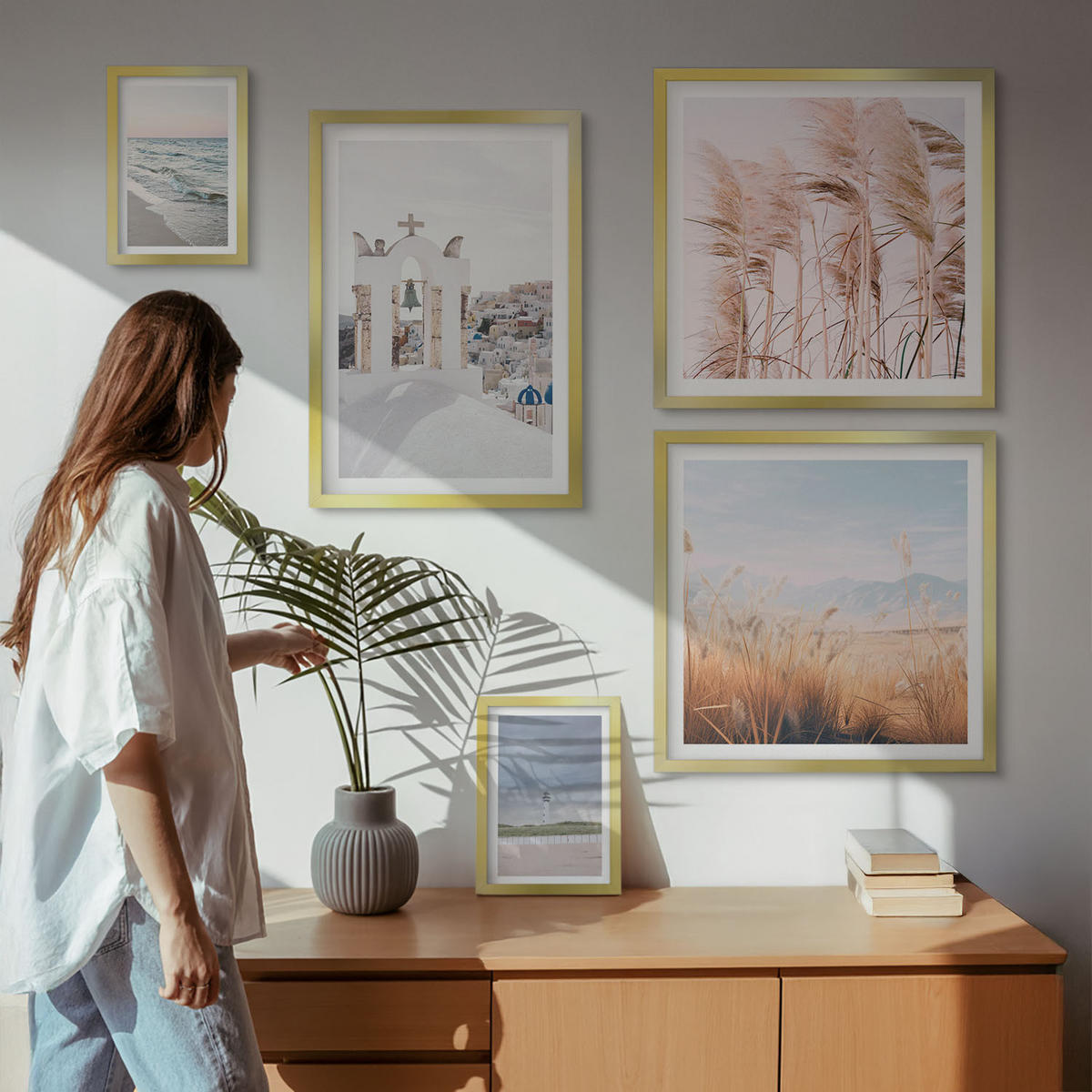 BILDER SET 5er Set - 50x50 cm & 20x30 cm & 40x60 cm Goldrahmen - Pflanzen, Meereswellen, Aussicht, Häuser - Goldfarben, Kunststoff (40/60cm) - TULUP