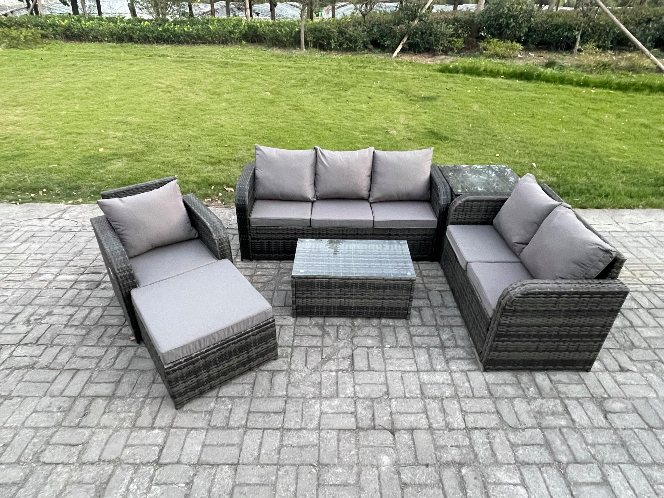 GARTENSET Polyrattan Dunkelgrau 7-Sitzer - Dunkelgrau/Grau, Glas/Kunststoff - Fimous