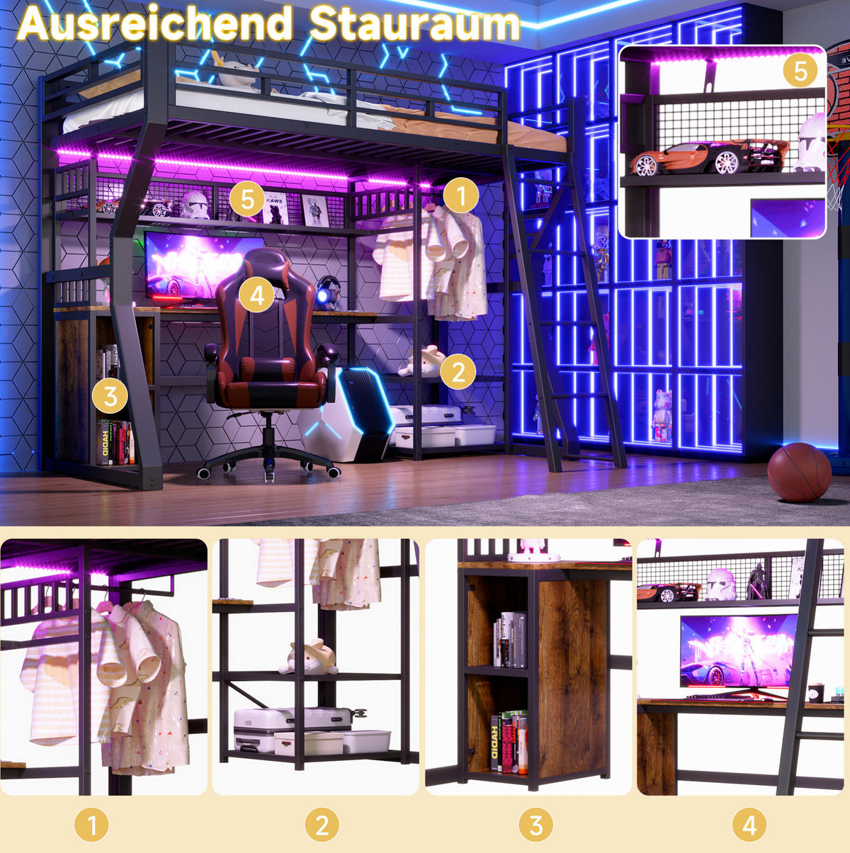 HOCHBETT 90/200 cm aus Metall und MDF mit Schreibtisch, Lichtleiste und Kleiderstange Schwarz - Schwarz, Holzwerkstoff (90/200cm) - Modenvie