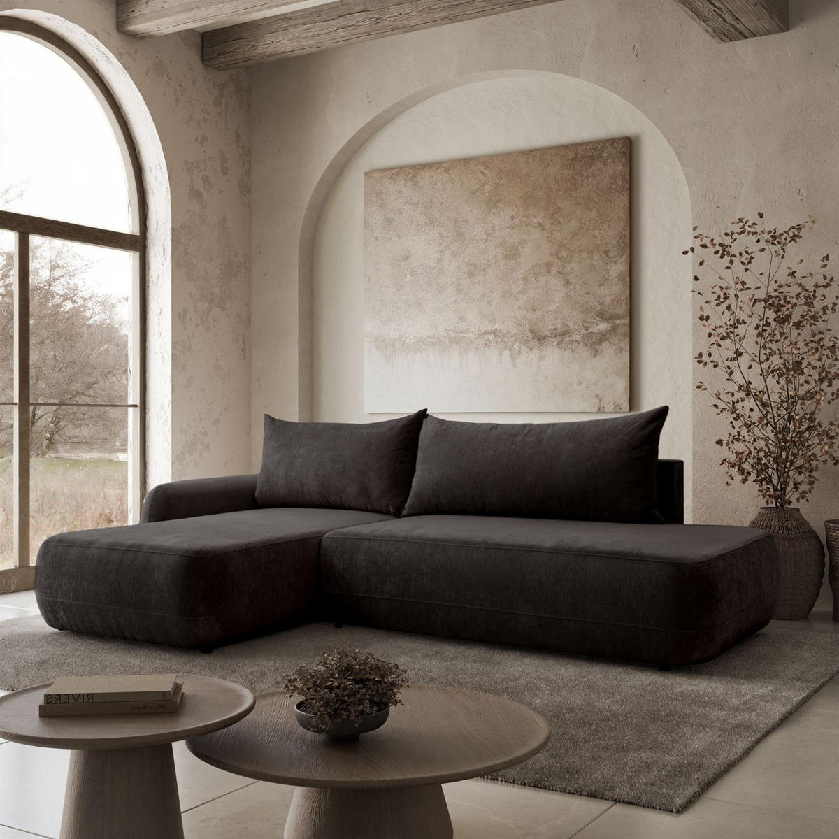 ECKSOFA GOYA mit Schlaffunktion und Bettkasten, Linke,Perfect Harmony 99 - Anthrazit, Textil (184/302cm) - Lookway