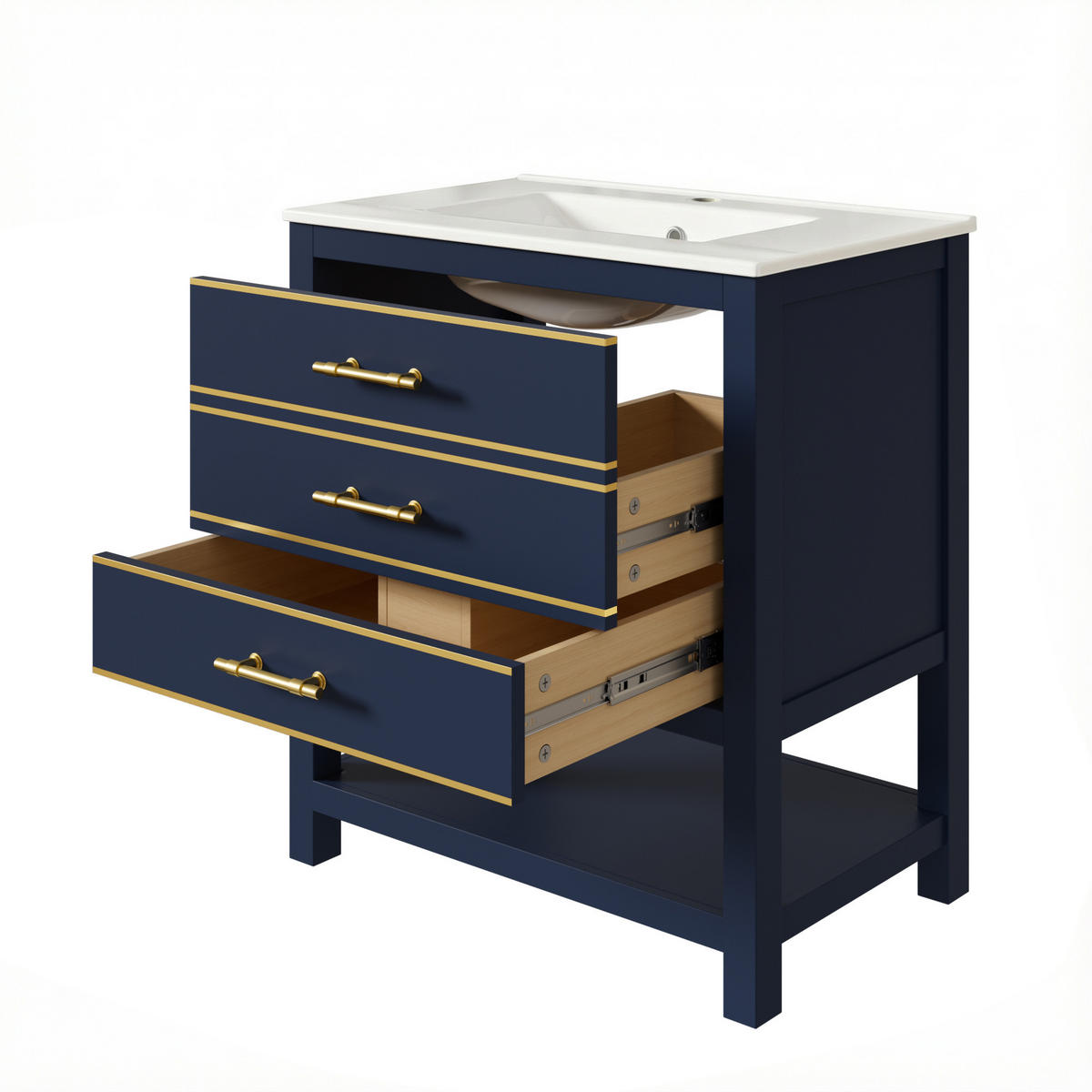 WASCHTISCHUNTERSCHRANK mit Keramikbecken 66x46.5x86cm Schwarz & blau mit Gold-Akzenten - Blau, Holzwerkstoff (76/86/46.5cm) - Modfu