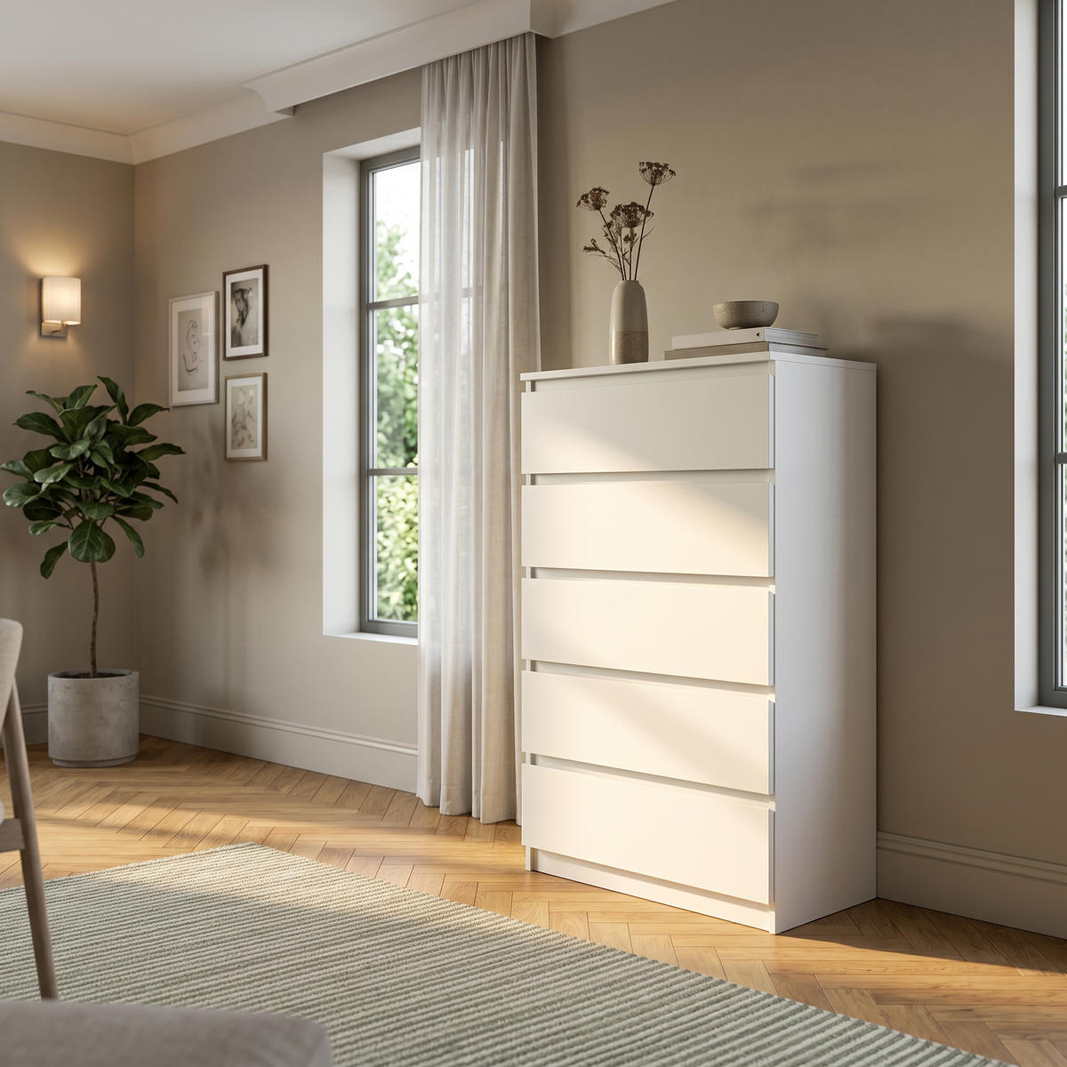 KOMMODE NUDO 70/124,5/39cm mit 5 Schubladen Türen Weiß - Weiß, Holzwerkstoff (70/124.5/39cm) - MASSENO