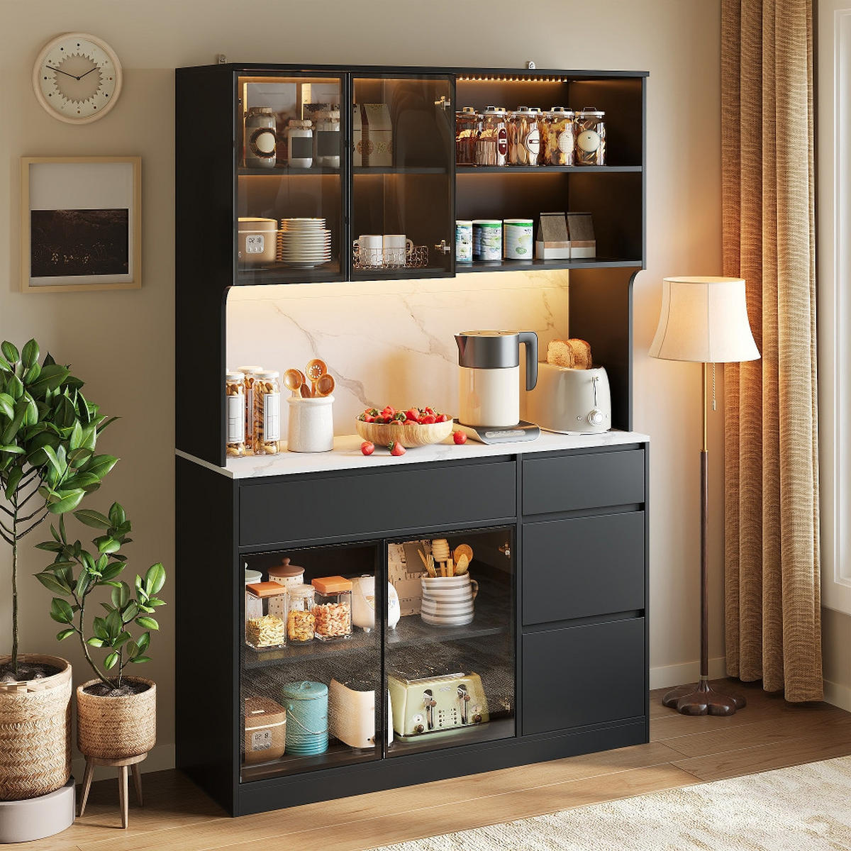 KÜCHENSCHRANK Vitrine Sideboard mit LED-Beleuchtung, Marmoroptik, MDF Schwarz-Weiß, 120/180/40 cm - Schwarz, Kunststoff (40/180/120cm) - Rolipo