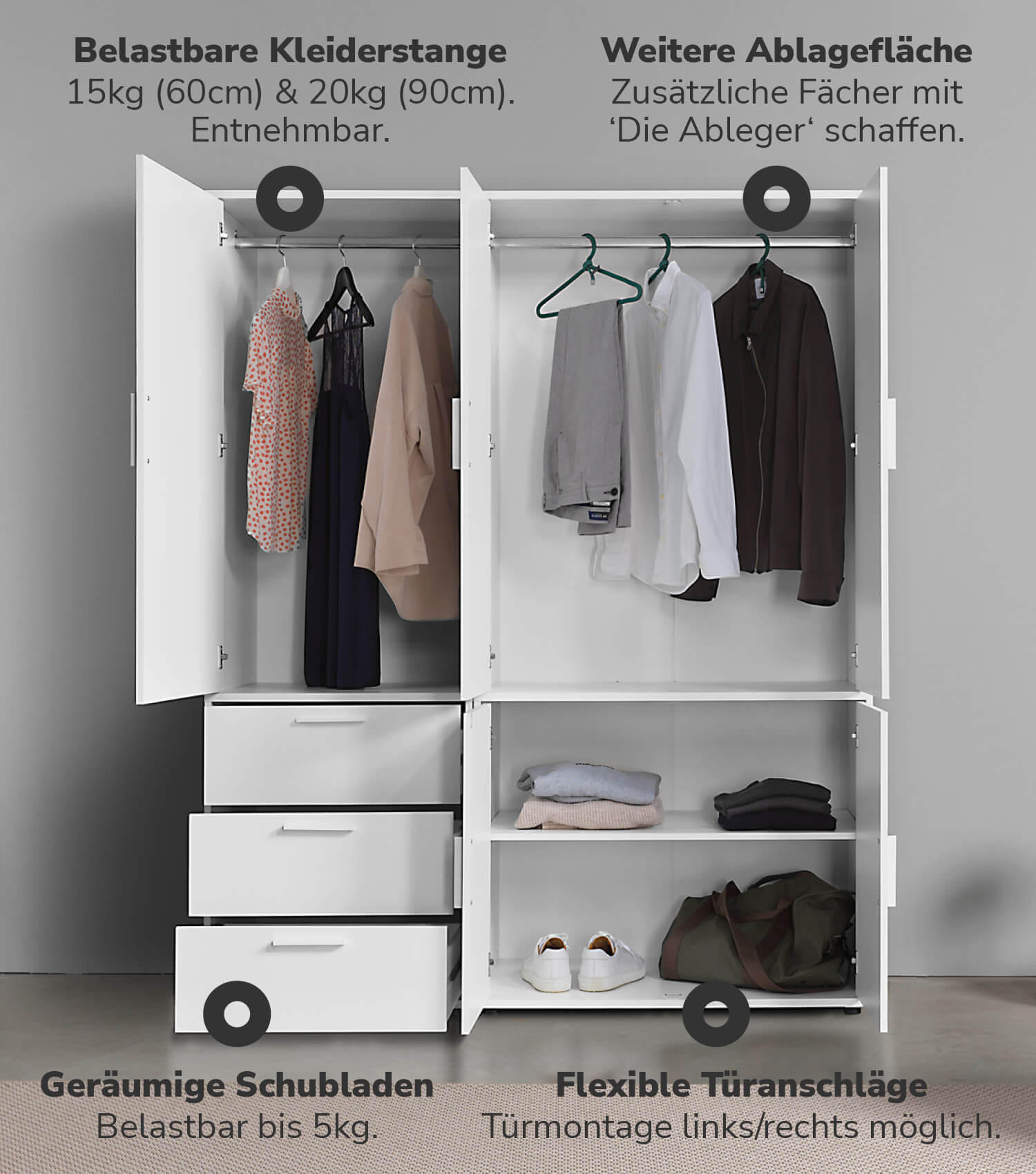 KLEIDERSCHRANK mit Spiegel Der Grenzenlose - Weiß, Holzwerkstoff (150/187/58cm) - Mokebo