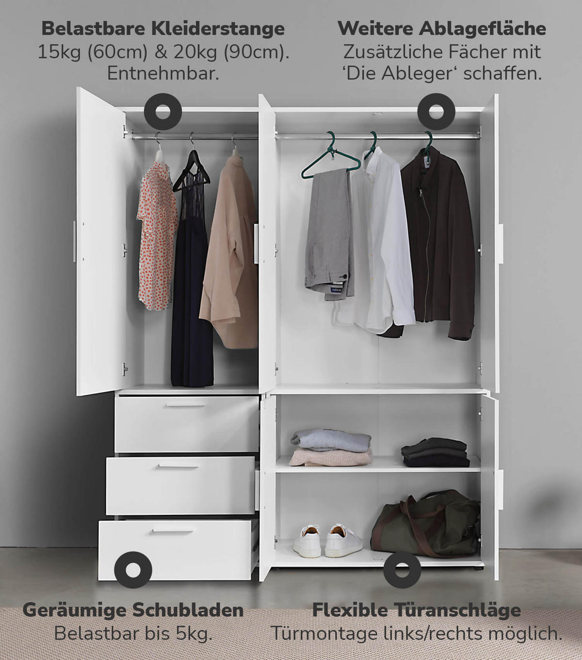 KLEIDERSCHRANK Der Grenzenlose - Weiß, Holzwerkstoff (150/187/58cm) - Mokebo