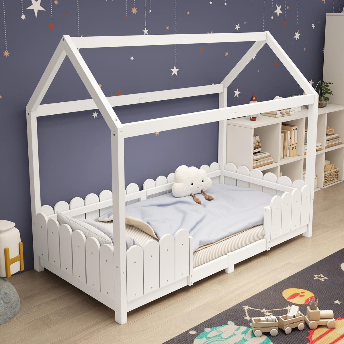 HAUSBETT 90/200 cm in Weiß – mit Dach und Rausfallschutz - Weiß, Holz (90/200cm) - BEAOK