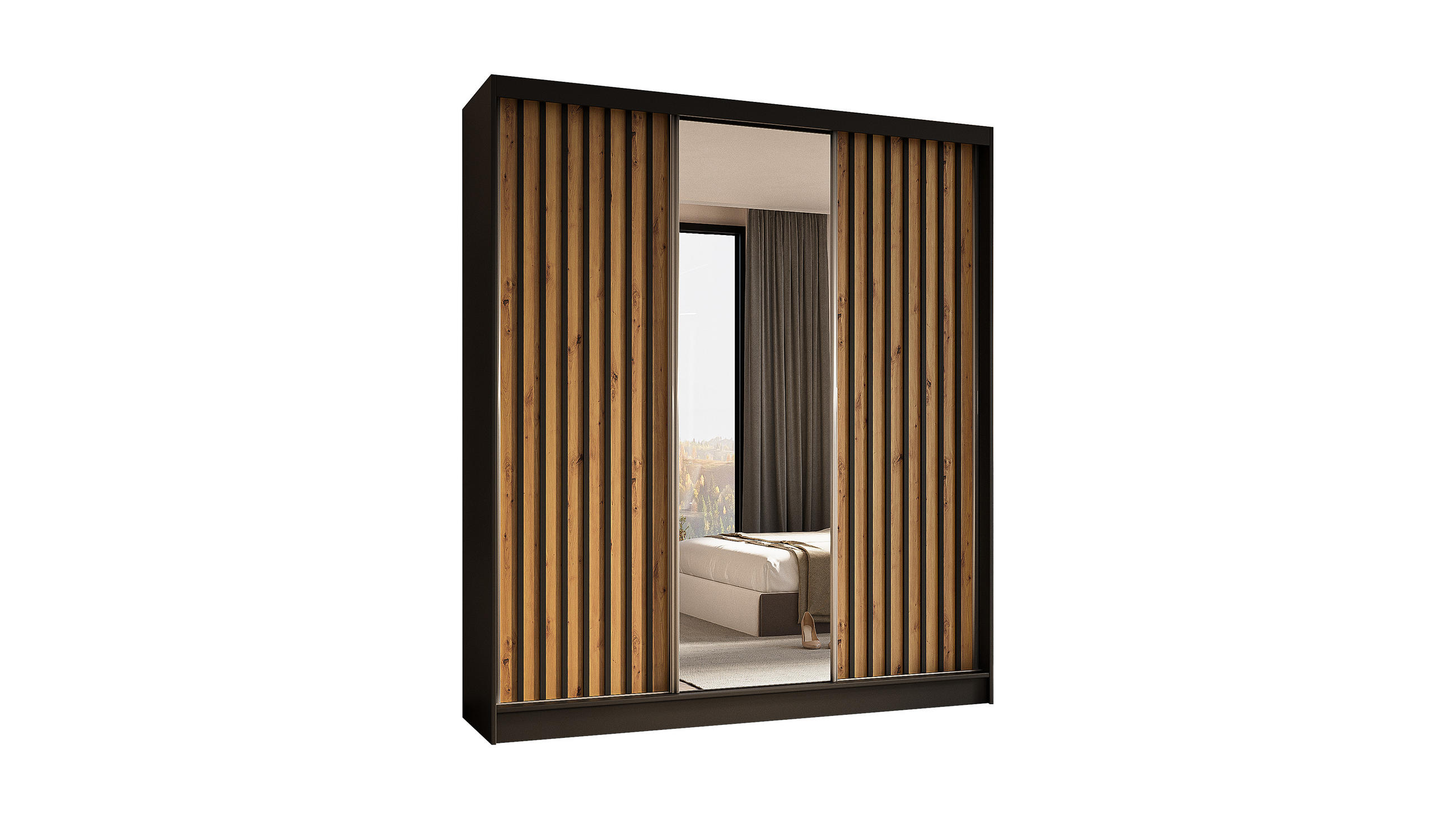 KLEIDERSCHRANK mit Spiegel-Schiebetüren und Aluminium-Leisten - LAMELO - 180 cm Schwarz+Artisan+Schwarz - Schwarz, Holzwerkstoff (180/216/61cm) - ALTDECOR