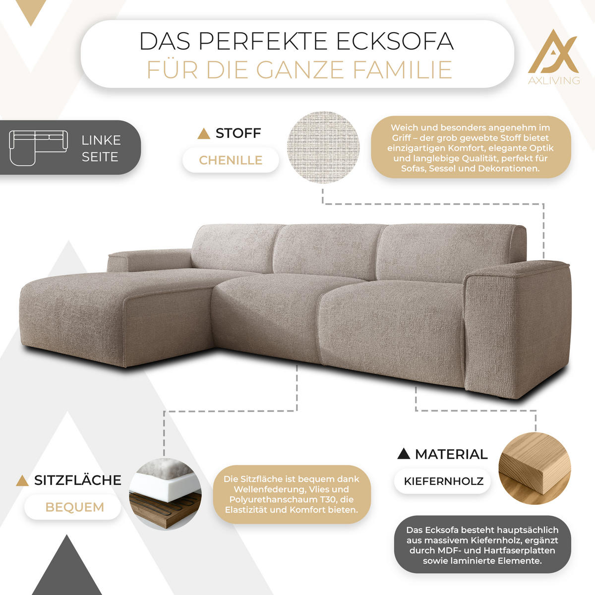 ECKSOFA L Form Didim mini Creme 310/165/78 cm – stilvolle kleine Eckcouch L - Creme/Schwarz, Kunststoff/Textil (165/310cm) - AX Living