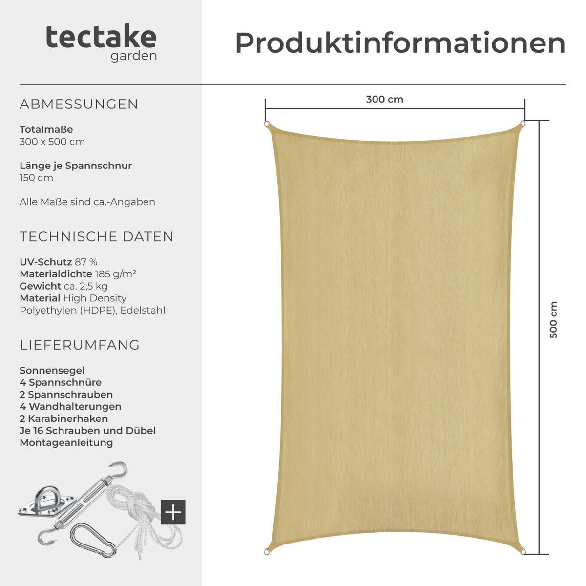 SONNENSEGEL Sunny,umfangreiches Montagematerial,Sand - Sandfarben, Kunststoff (500/300cm) - tectake