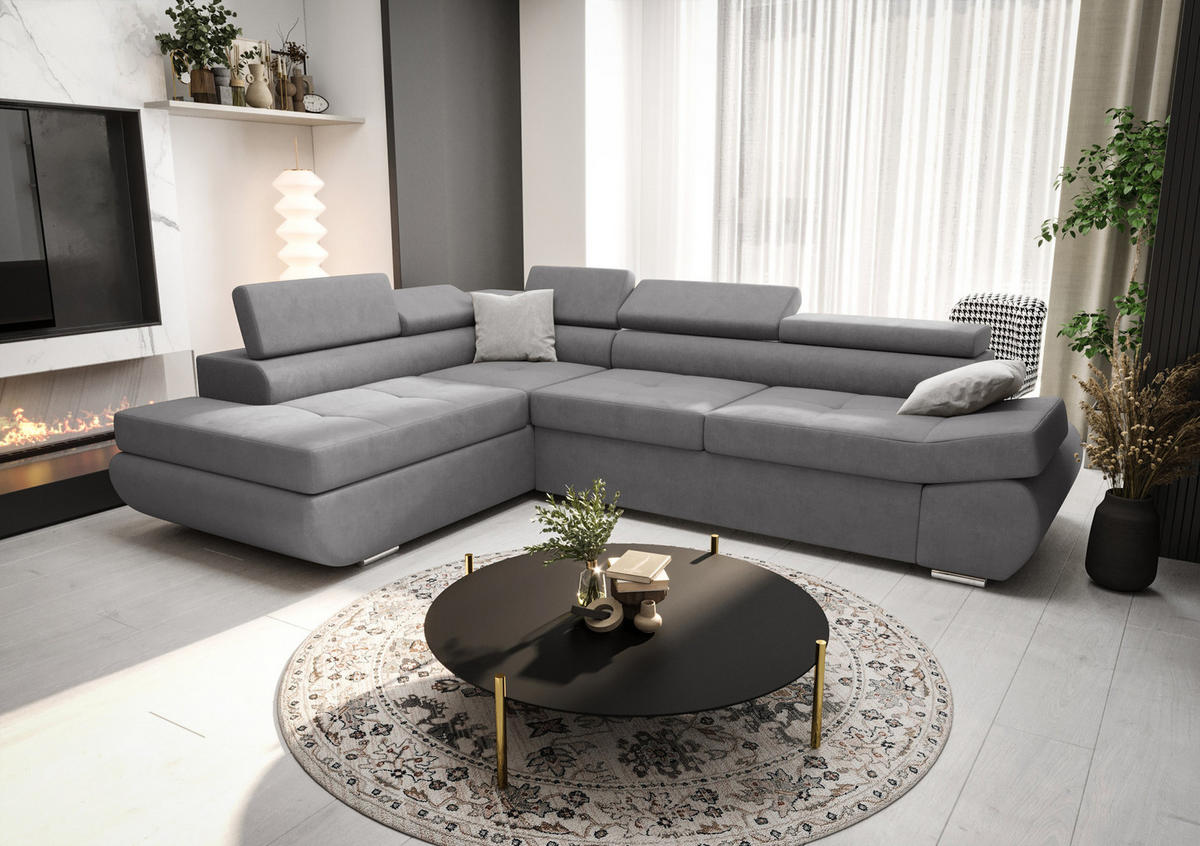 ECKSOFA KONGO RBN03, Eckcouch in L-Form mit Schlaffunktion, Farbe: Grau, Velourstoff, Ottomane Links - Grau, Textil (280/200cm) - O-Sofa