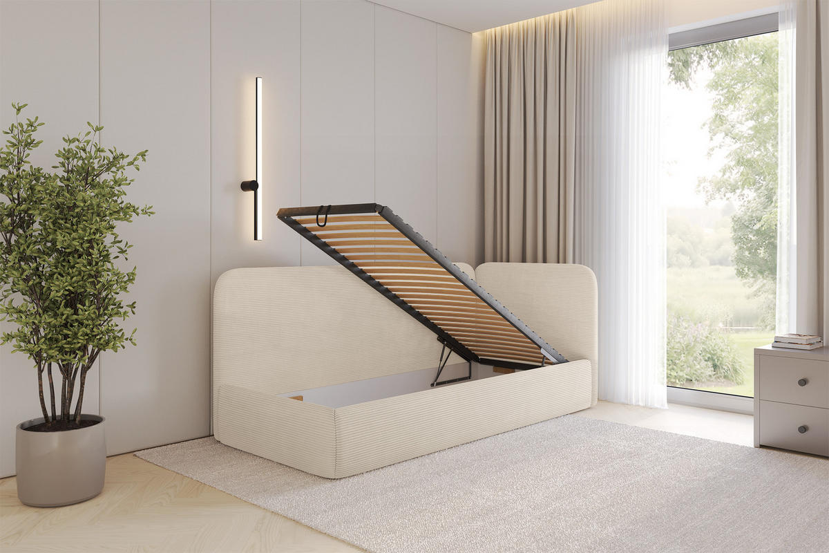 EINZELLBETT Jugendbett mit Bettkasten und Matratze H3/H4, Links - ELSY 100x200 Beige - Creme, Holzwerkstoff/Textil (100/200cm) - ALTDECOR