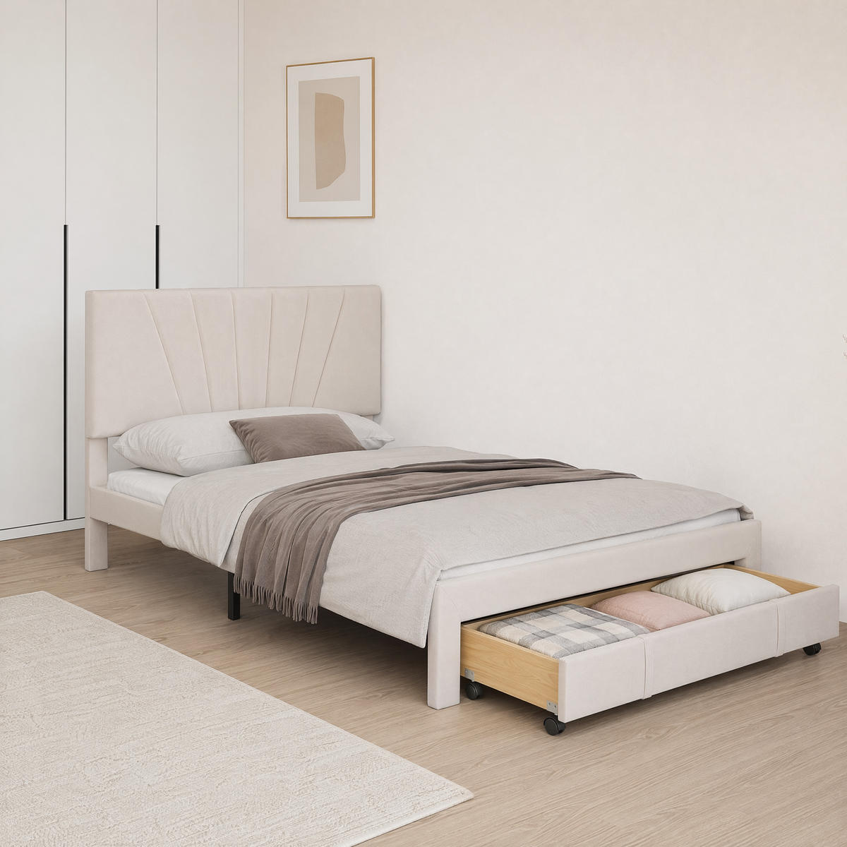 DOPPELBETT 140x200 Samt Beige Mit Rollschublade Stabil Lattenrost - Beige, Holz - SHOPENTRA