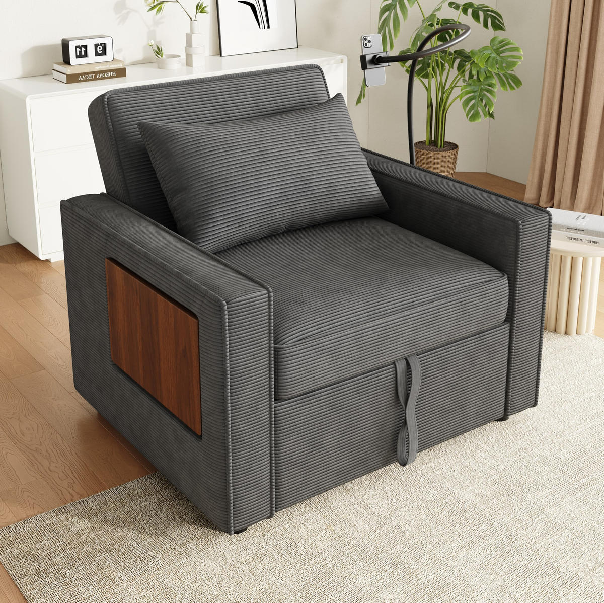ROZKLÁDACÍ pohovka 93/150/85 cm s USB a Type-C portem, 3polohovým opěradlem a držákem na telefon, Šedá - šedá, textil (93/85/150cm) - Redom