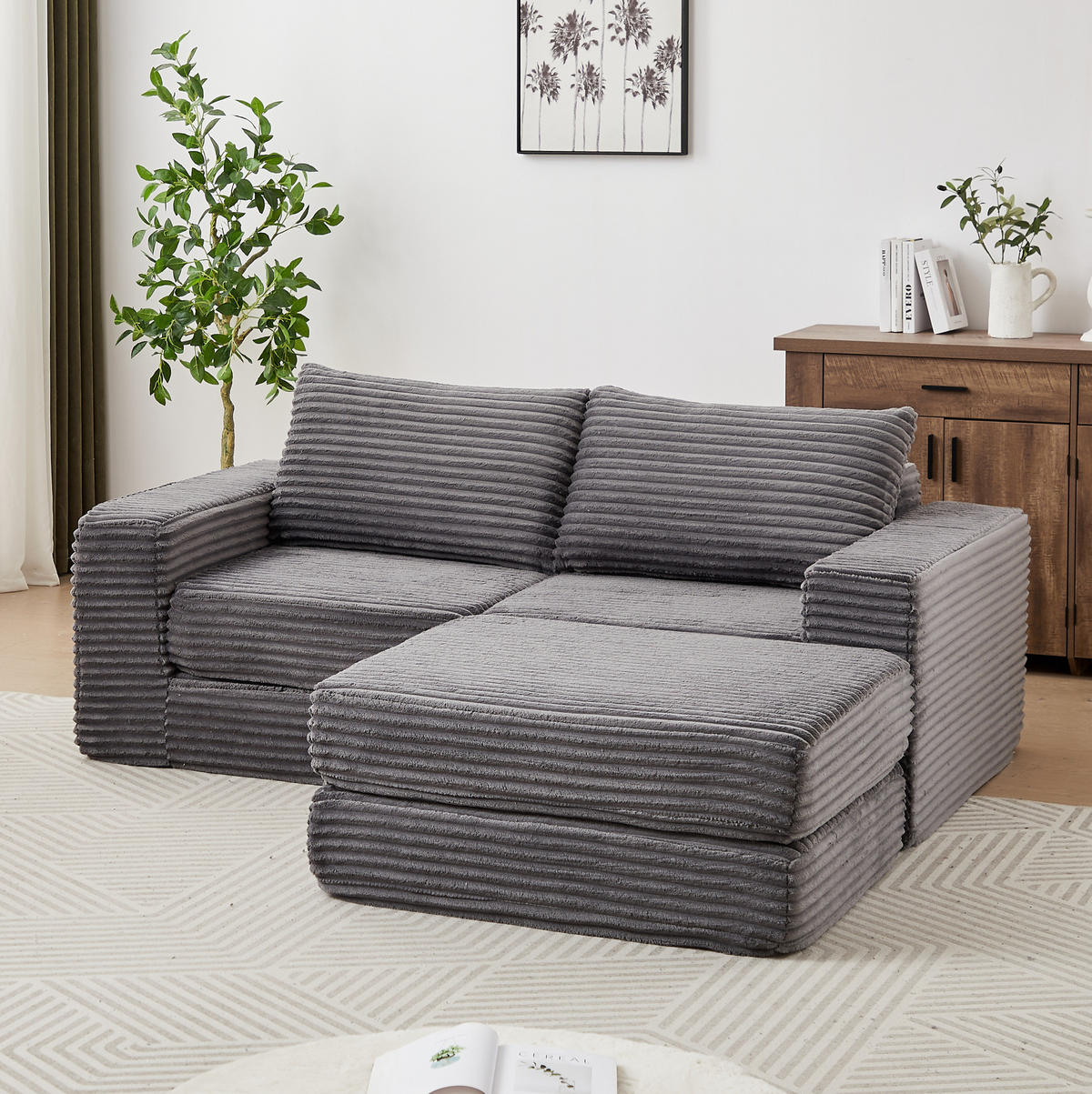 SOFA-BETT modular mit Fußstütze Cord Grey - Grau, Kunststoff (169.5/194cm) - Meubliv