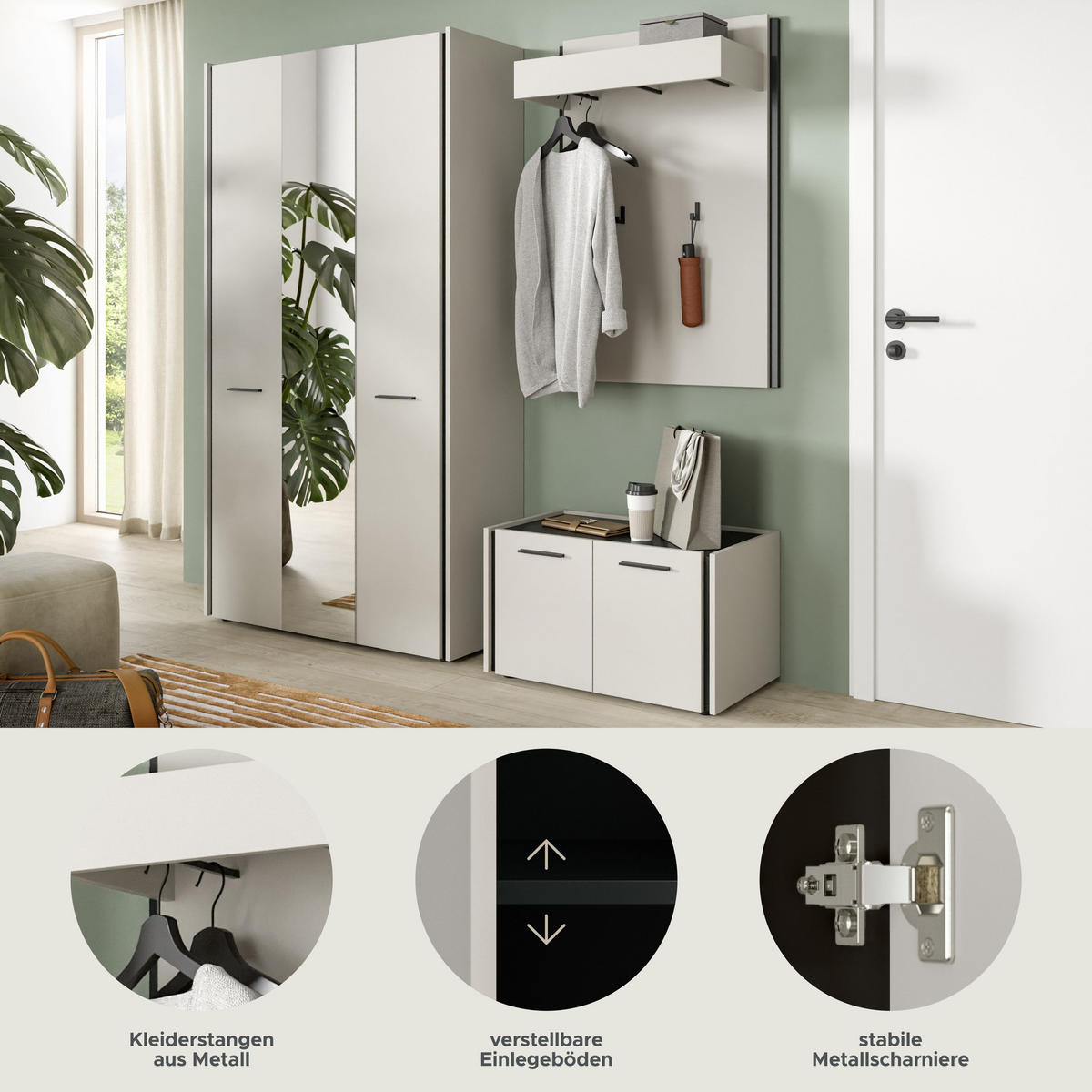 GARDEROBEN-SET Emil Kaschmir 197/40/190 cm - Beige, Holzwerkstoff (197/190/40cm) - Xonox