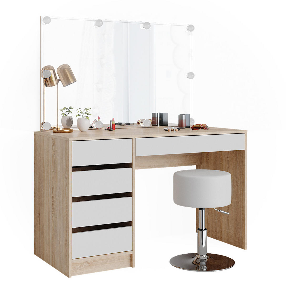 SCHMINKTISCH Sherry Weiß/Sonoma 120 cm mit LED Beleuchtung und Hocker - Weiß/Sonoma Eiche, Holzwerkstoff (120/75/55cm) - Vicco