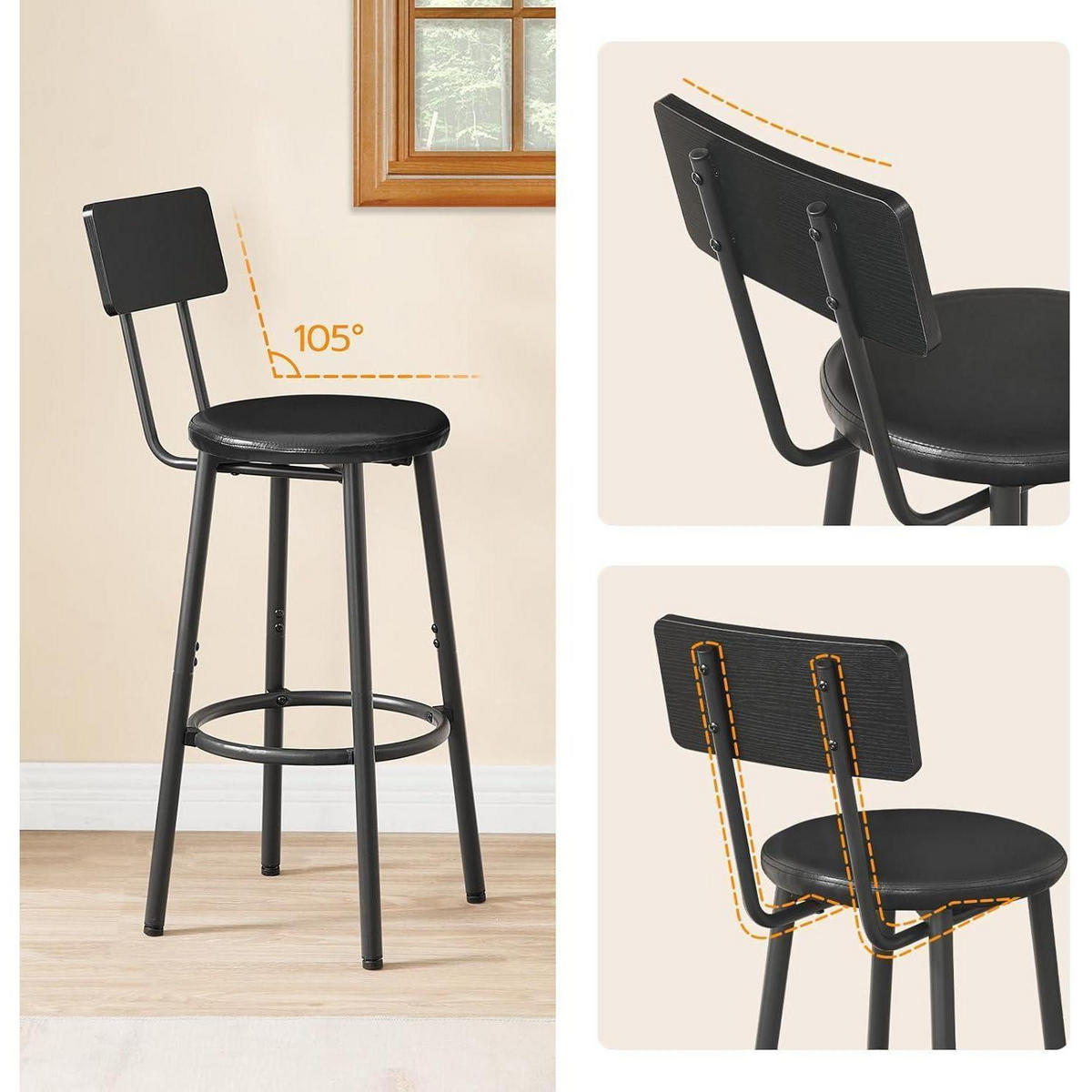 BARHOCKER 2er-Set mit Rückenlehne Schwarz PU-Leder - Schwarz, Kunststoff (33/93/33cm)