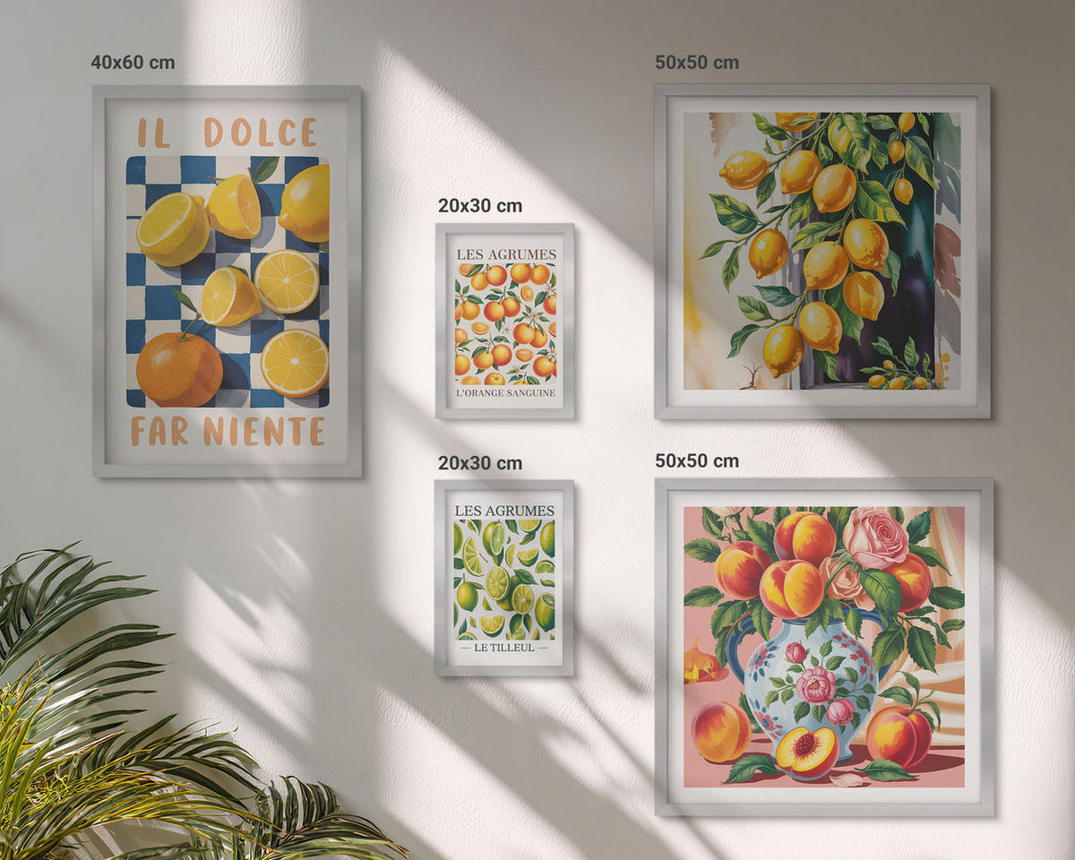 WANDBILDER 5er Set - 50x50 cm & 20x30 cm & 40x60 cm Silberner Rahmen - Zitronenbäume im Topf - Silberfarben, Kunststoff (40/60cm) - ArtPrintCave