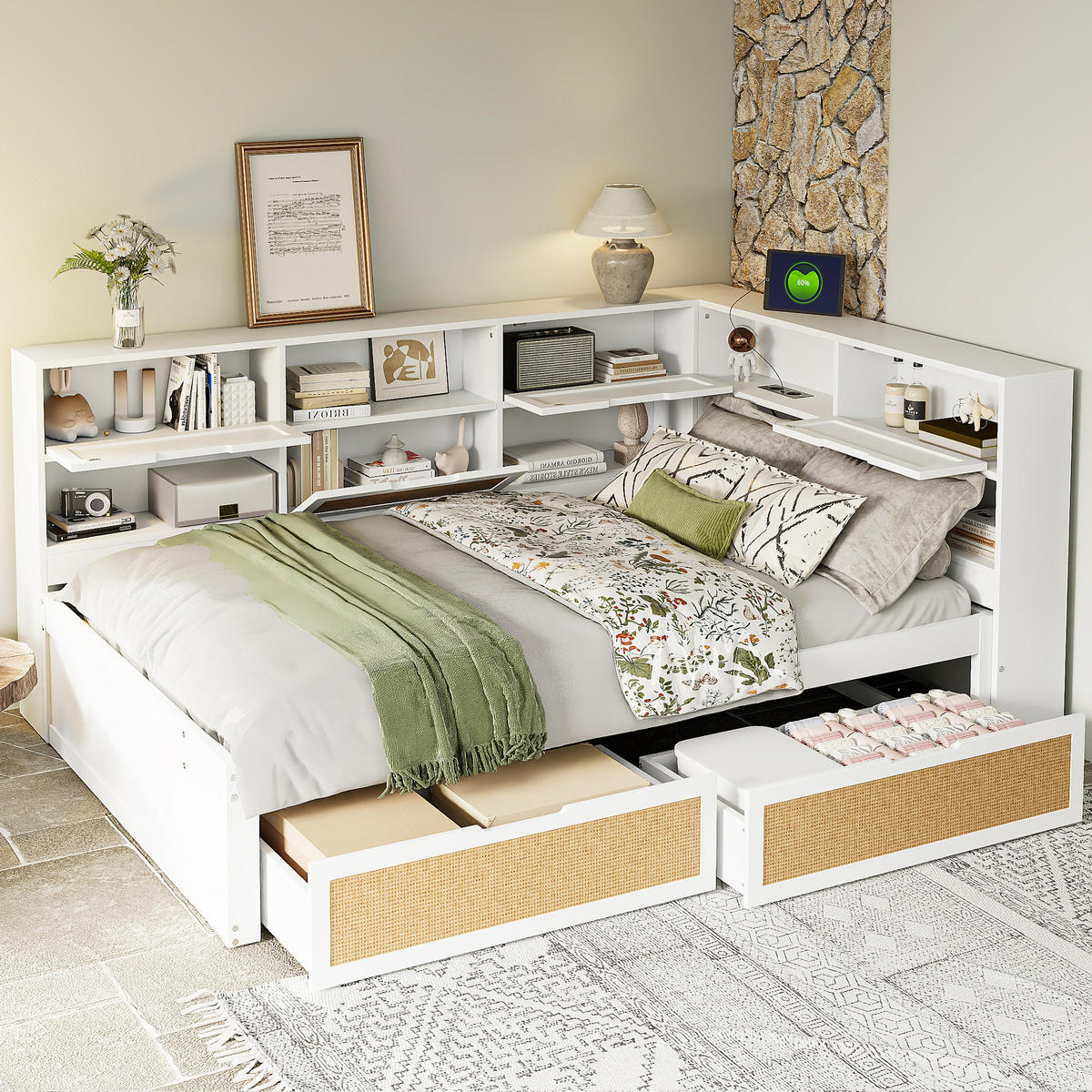 MULTIFUNKTIONSBETT 140/200 cm weiß aus MDF mit Stauraum und USB-Anschlüssen - Weiß, Holzwerkstoff (140/200cm) - OKWISH