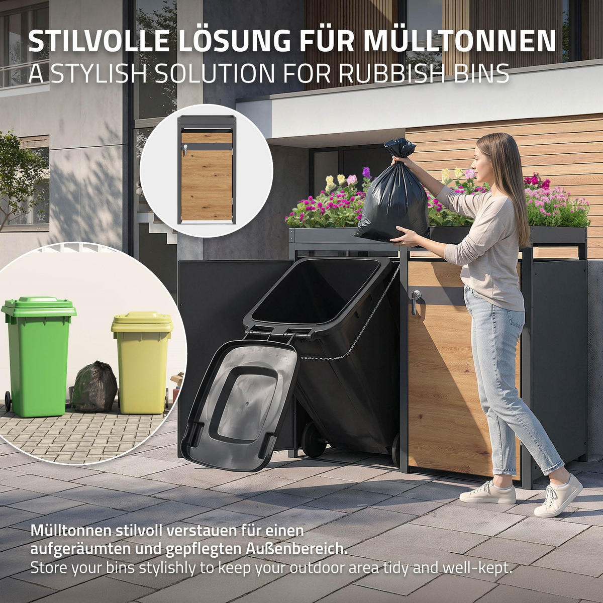 MÜLLTONNENBOX 3er mit Pflanzdach Anthrazit-Holzoptik - Braun, Metall (200/124/80cm) - ML-DESIGN